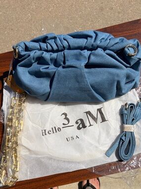 Hello 3AM Blue Ruched Clutch Shoulder Crossbody Bag Gold Chain NWT